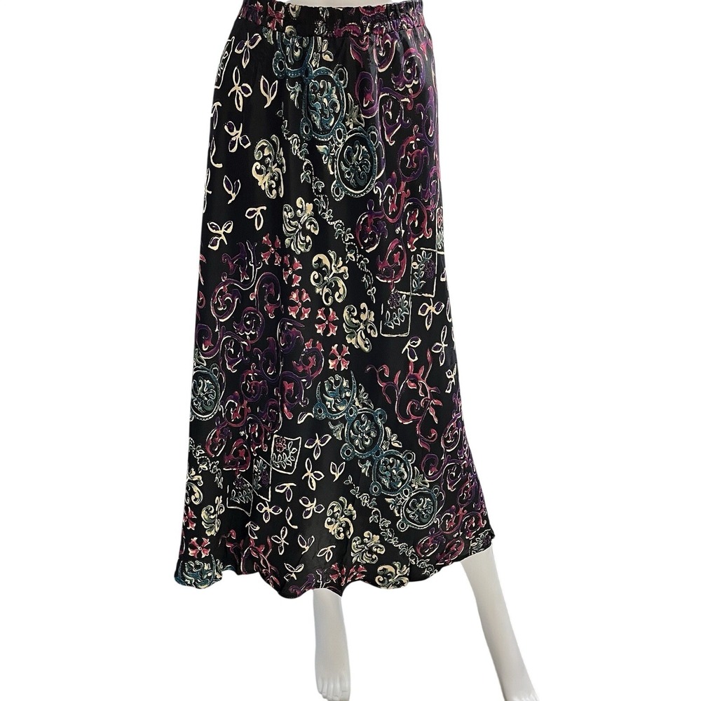 Vintage Carole Little Skirt Black Artsy Floral Scroll Maxi 24W Pull On Colorful